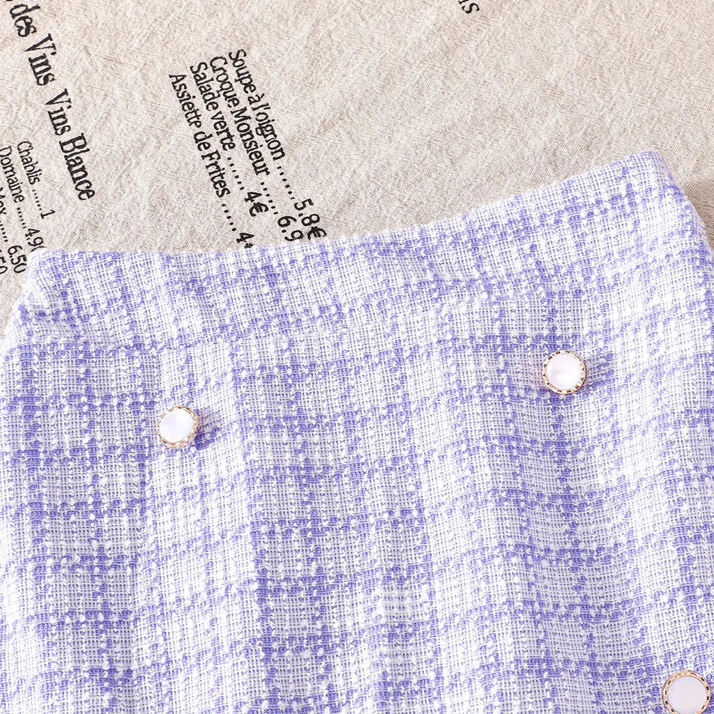 Girls Purple Checked Vest With Long Sleeves Top & Skirt Sets Sets