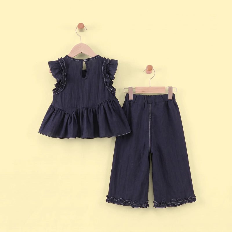 Girls Navy Blue Floral Applique Top With Pants Sets 2 pc. Sets