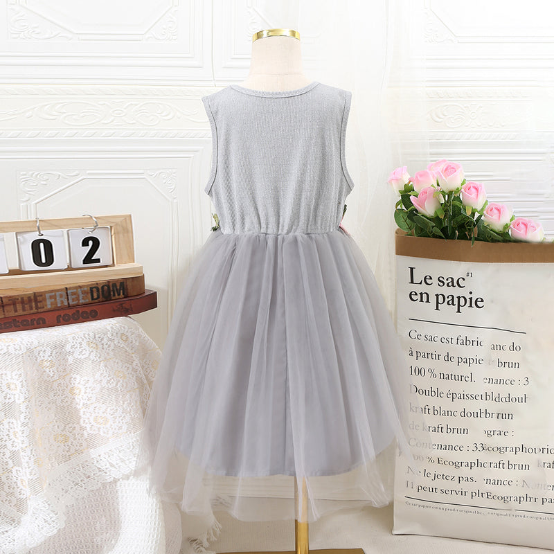 Girls Melange Grey Sleeveless Flower Belt Fit And Flared Dress Casual Dresses