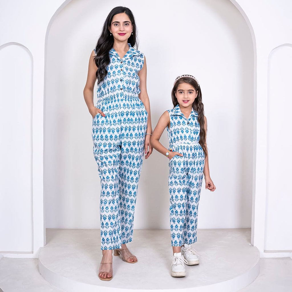 Blue Printed Mother & Daughter Jumpsuit Set