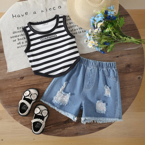 Girls Black Sleeveless Striped Top With Denim Shorts Sets 2 pc. Sets Black 3-4 Y