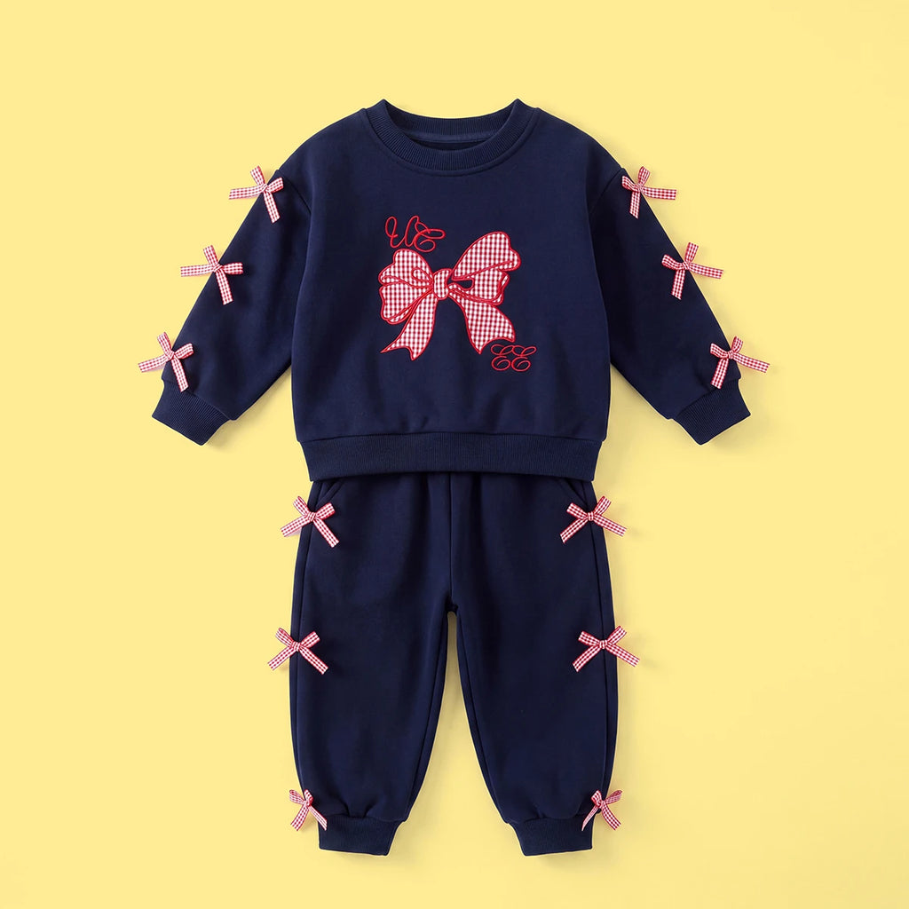 Girls Navy Blue Bow Applique Long Sleeve Sweatshirt With Pants Sets 2 pc. Sets Navy Blue 1-2 Y