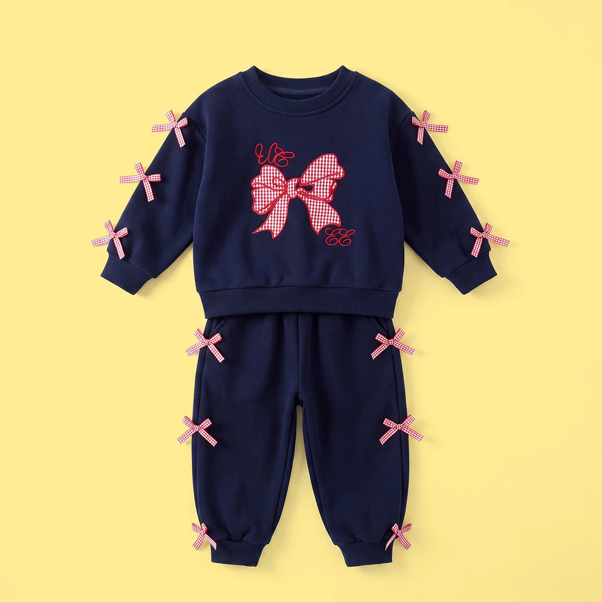 Girls Navy Blue Bow Applique Long Sleeve Sweatshirt With Pants Sets 2 pc. Sets Navy Blue 1-2 Y