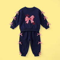 Girls Navy Blue Bow Applique Long Sleeve Sweatshirt With Pants Sets 2 pc. Sets Navy Blue 1-2 Y