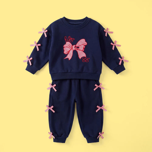Girls Navy Blue Bow Applique Long Sleeve Sweatshirt With Pants Sets 2 pc. Sets Navy Blue 1-2 Y