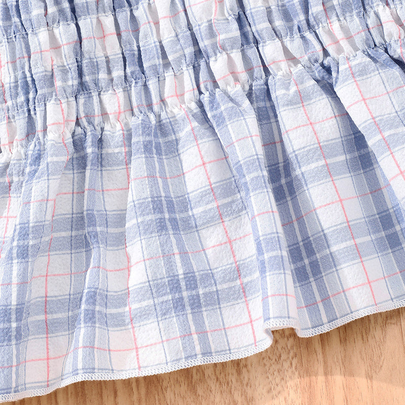 Girls Blue Tartan Check Smocked Skirt Shirt Dress Casual Dresses