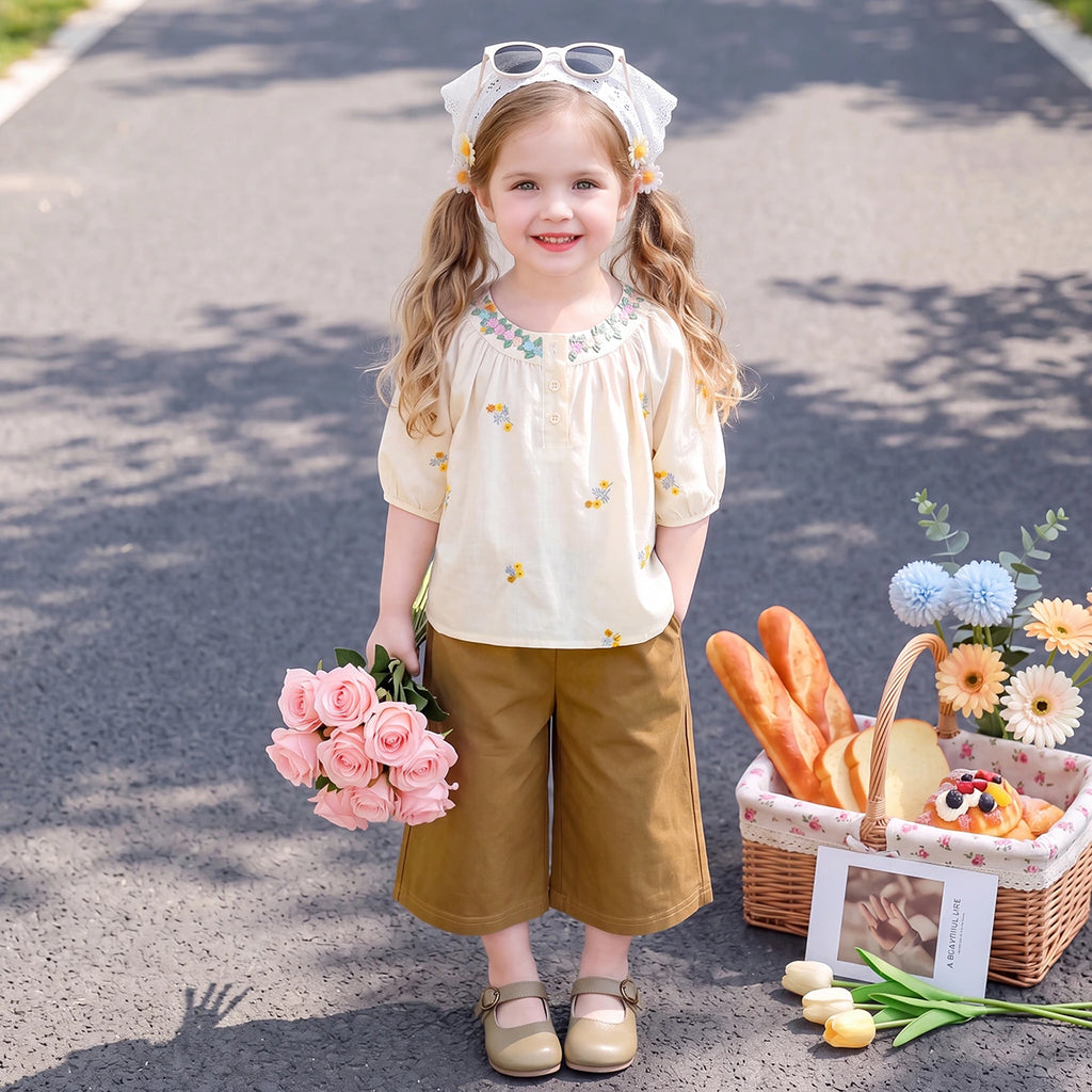 Girls Cream Short Sleeve Floral Embroidered Top With Pants Sets 2 pc. Sets Cream 1-2 Y