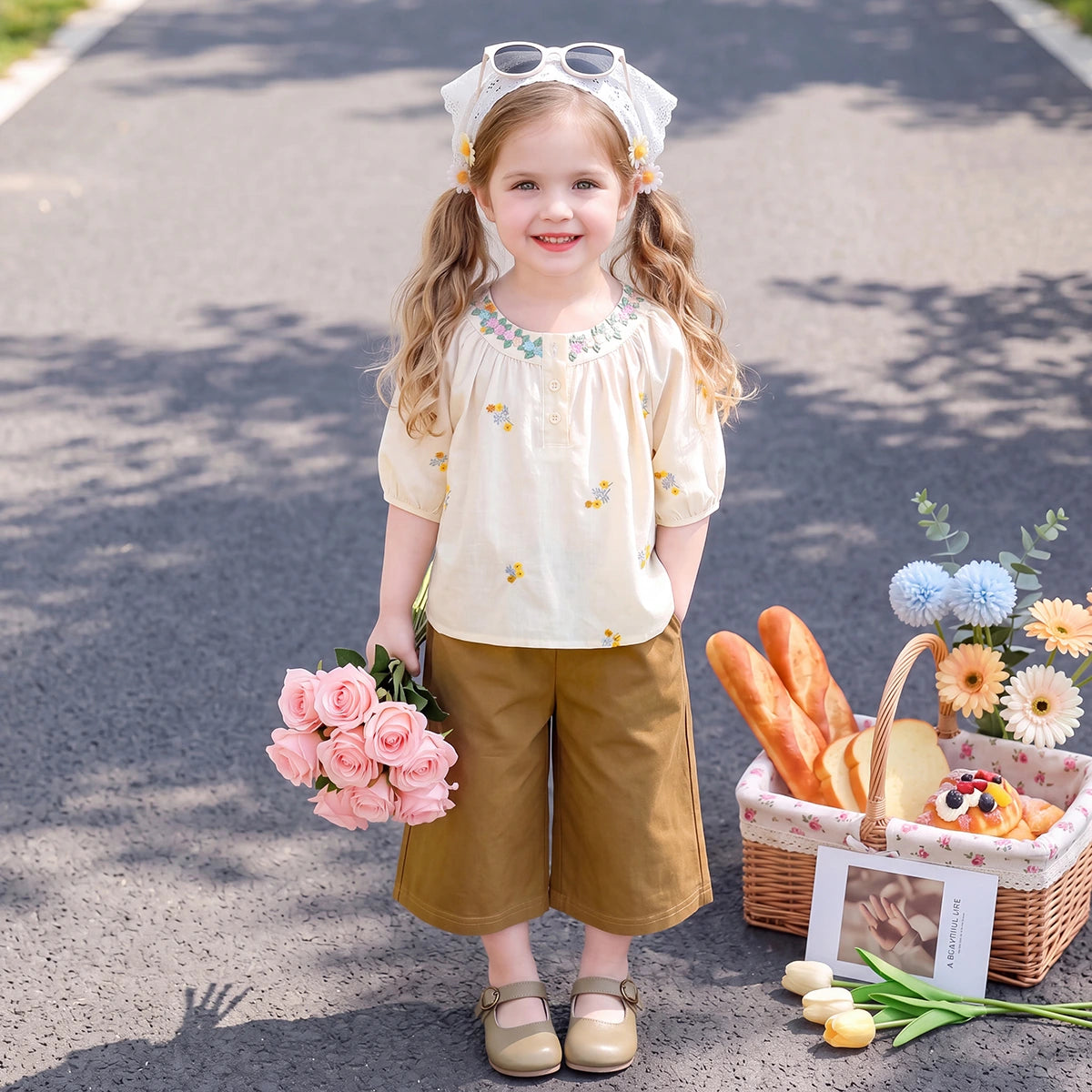 Girls Cream Short Sleeve Floral Embroidered Top With Pants Sets 2 pc. Sets Cream 1-2 Y