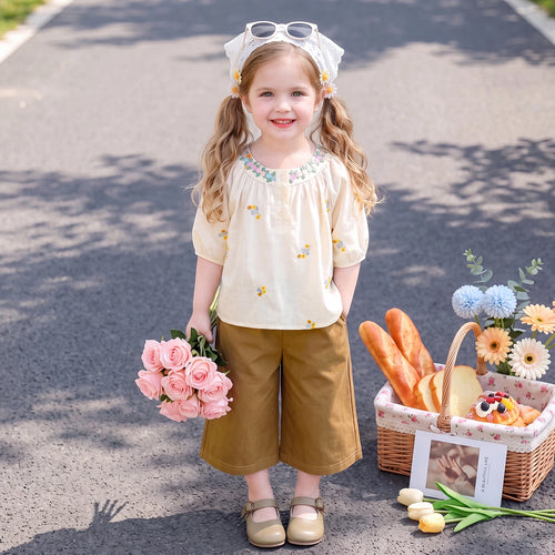 Girls Cream Short Sleeve Floral Embroidered Top With Pants Sets 2 pc. Sets Cream 1-2 Y
