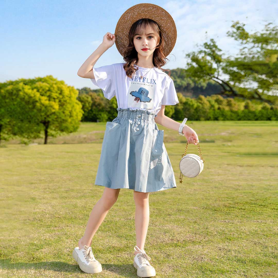 Girls Netflix Print T-Shirt With Denim Skirt Set 2 pc. Sets   