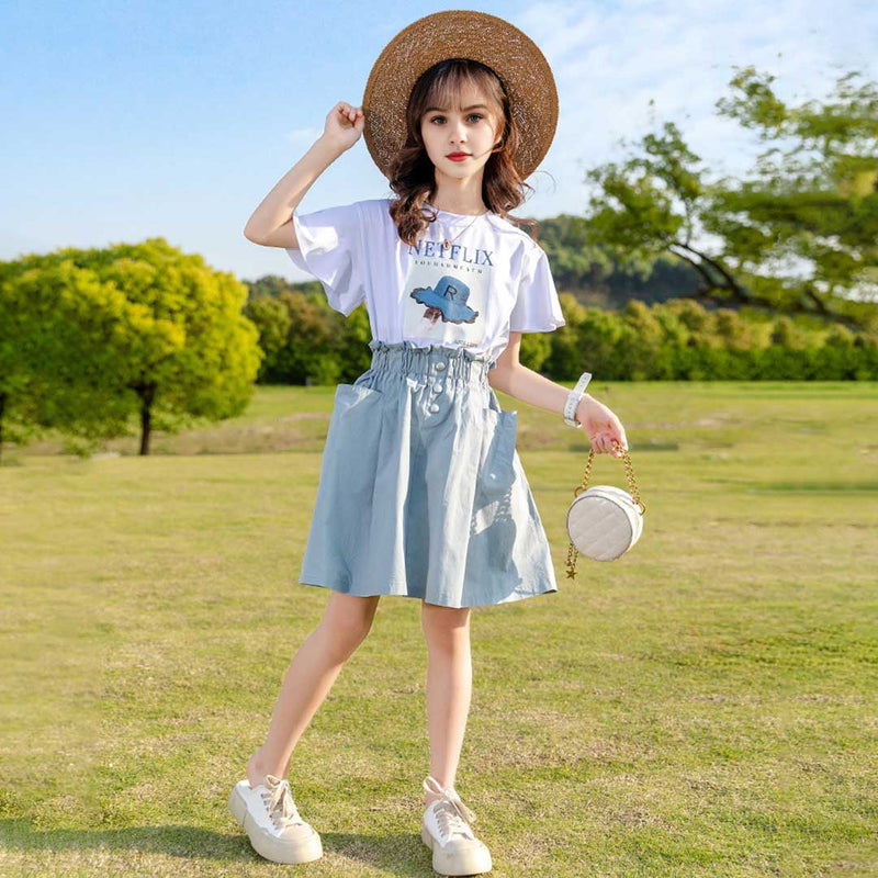 Girls Netflix Print T-Shirt With Denim Skirt Set 2 pc. Sets   