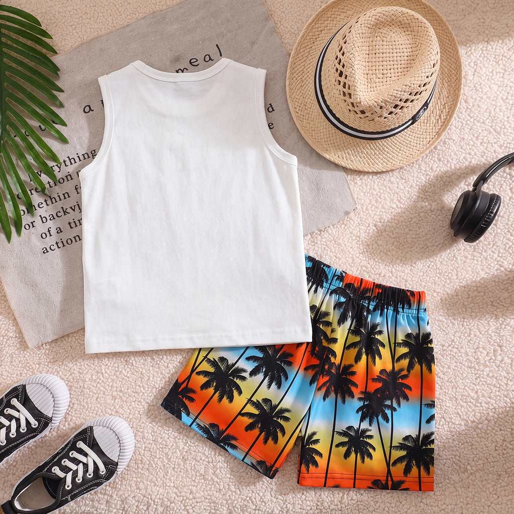 Boys White Typography Print Vest With Printed Shorts Sets 2 pc. Sets