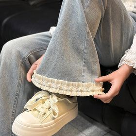 Girls Light Blue Flared Denim Jeans With Ruffle Hem Pants