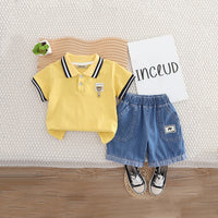 Boys Yellow Striped Collar Short Sleeves Polo T-Shirt With Denim Shorts Set 2 pc. Sets