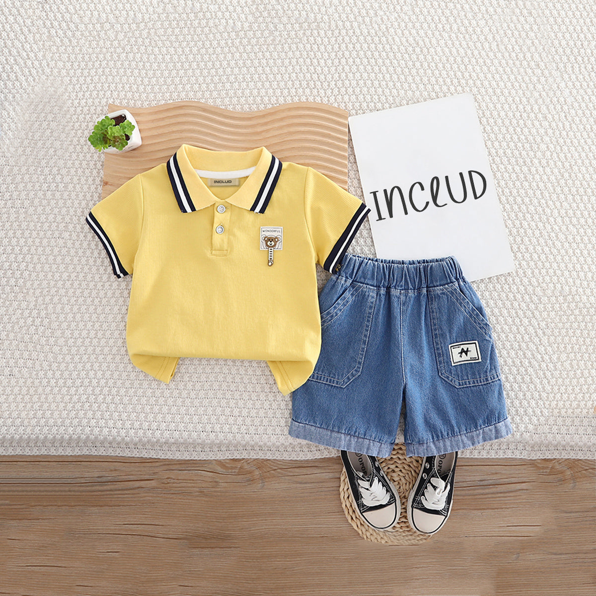 Boys Yellow Striped Collar Short Sleeves Polo T-Shirt With Denim Shorts Set 2 pc. Sets