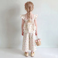 Girls Cream Polka Dot Print Flutter Sleeve Top With Pants Sets 2 pc. Sets