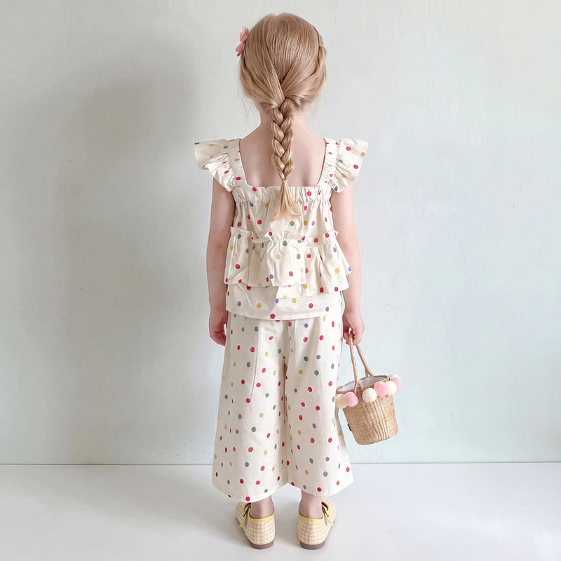 Girls Cream Polka Dot Print Flutter Sleeve Top With Pants Sets 2 pc. Sets