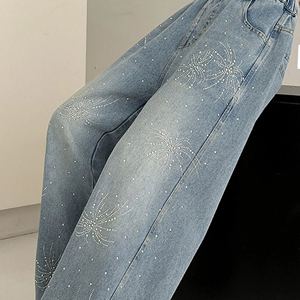 Girls Light Blue Embellished Loose Fit Denim Pants Pants