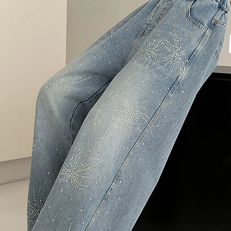 Girls Light Blue Embellished Loose Fit Denim Pants Pants