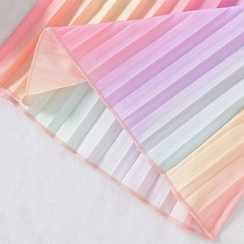 Girls Multicolor Rainbow Stripes Pleated Top & Wide-leg Pants Co-ord Sets Sets