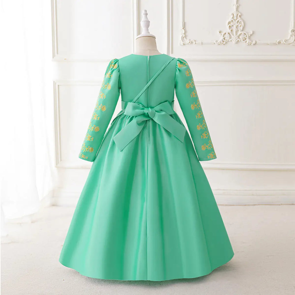 Girls Green Long Sleeve Embroidered Fit & Flare Dress Casual Dresses