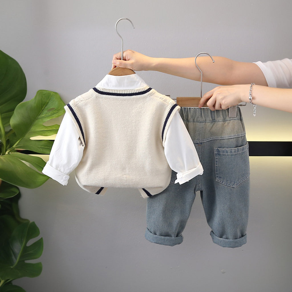 Boys Off White Self-Design Sleeveless Pullover With Shirt & Denim Pants Set Sets
