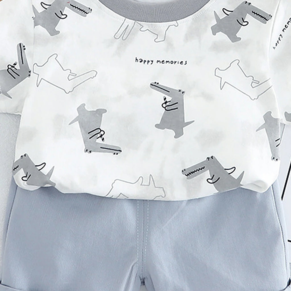 Boys Light Grey Crocodile Printed Short Sleeve T-Shirt With Elasticated Shorts Sets 2 pc. Sets