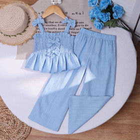 Girls Blue Textured Sleeveless Top With Pants Sets 2 pc. Sets Blue 3-4 Y