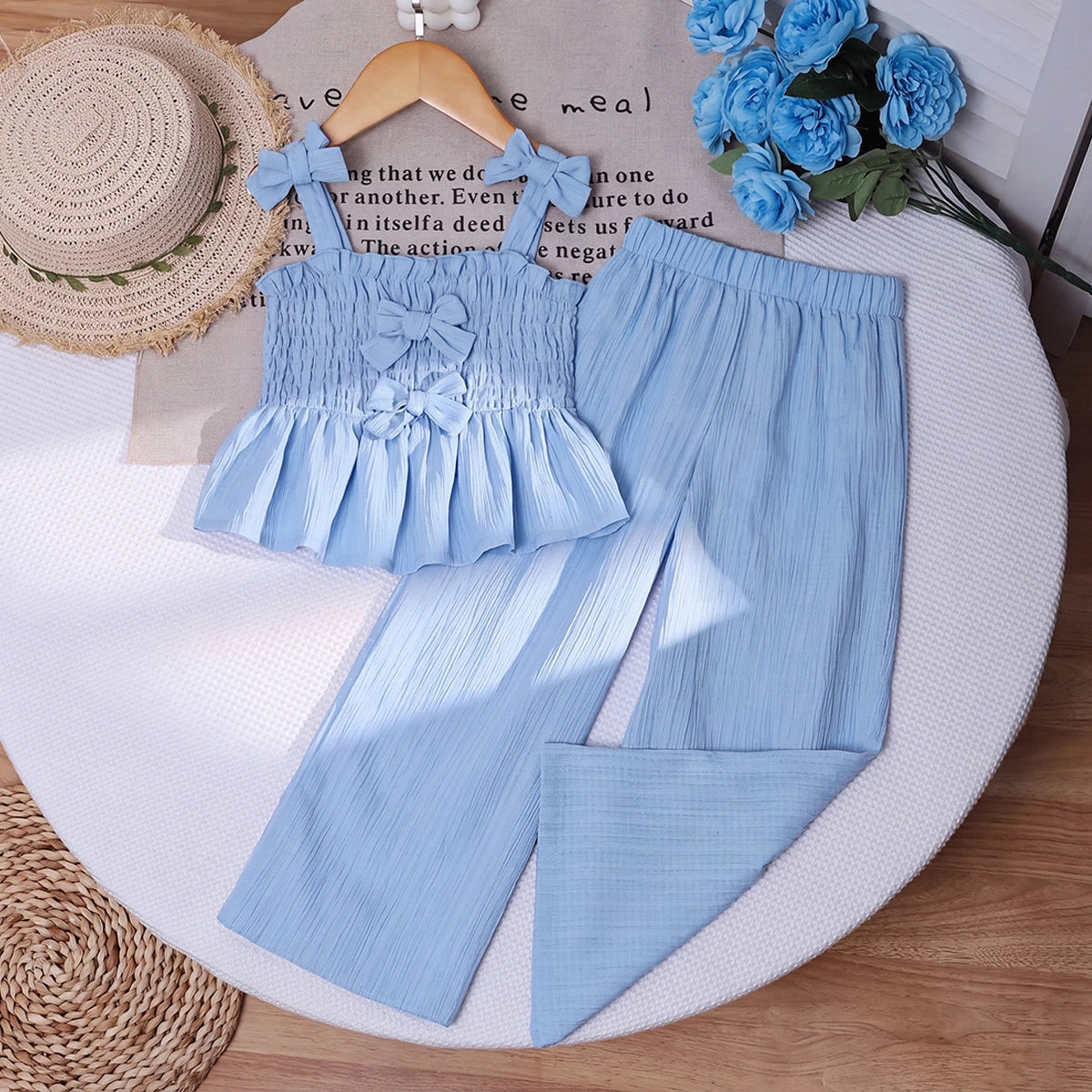 Girls Blue Textured Sleeveless Top With Pants Sets 2 pc. Sets Blue 3-4 Y