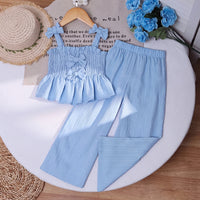 Girls Blue Textured Sleeveless Top With Pants Sets 2 pc. Sets Blue 3-4 Y