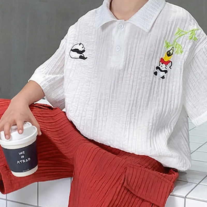 Boys White Panda Embroidered Polo T-Shirt With Shorts Sets Sets