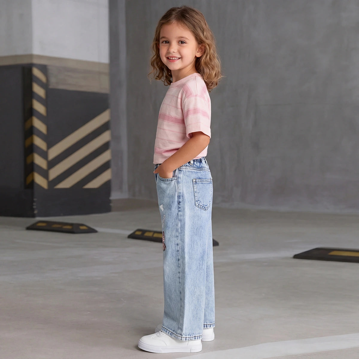 Girls Striped Short Sleeve T-Shirt With Blue Butterfly Print Denim Jeans Sets 2 pc. Sets