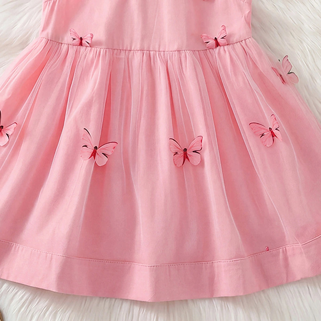 Girls Pink Butterfly Applique Peter Pan Collar Fit & Flare Dress Casual Dresses