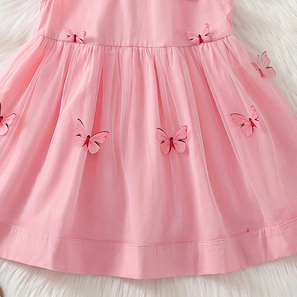 Girls Pink Butterfly Applique Peter Pan Collar Fit & Flare Dress Casual Dresses