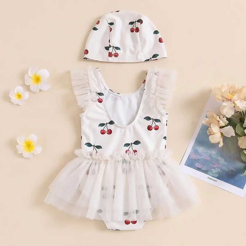 Girls White Cherry Printed Round Neck Fit & Flare Dress Casual Dresses