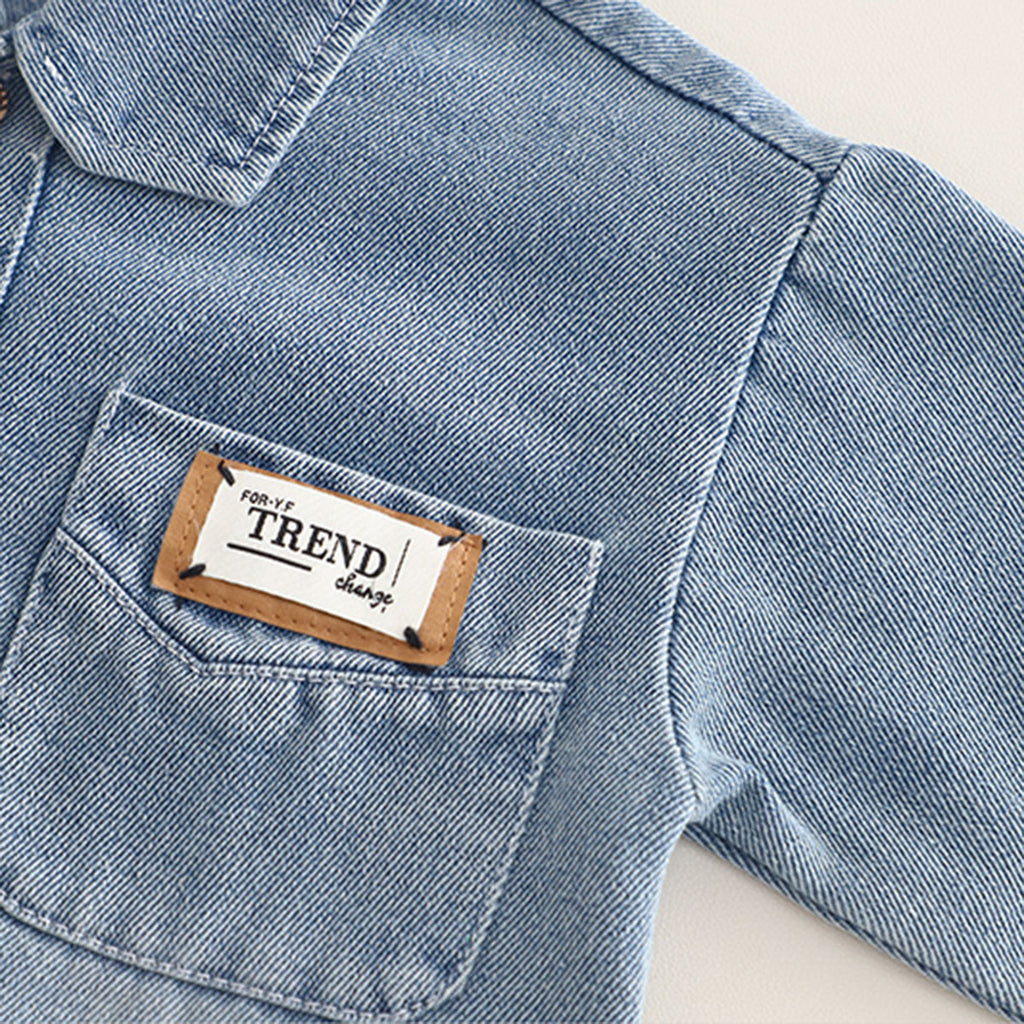 Boys Light Blue Denim Typographic Printed Shirt With T-Shirt & Denim Pants Set Sets