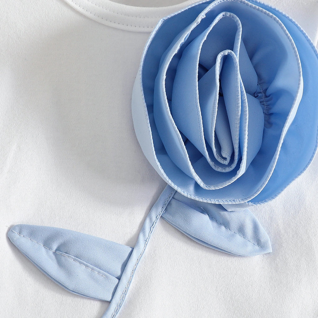 Girls 3D Rose Applique T-Shirt With Sky Blue Skort Sets Sets