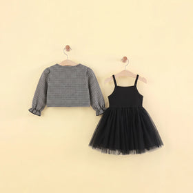 Girls Black Bow Applique Sleeveless Fit & Flare Dress With Shrug Casual Dresses