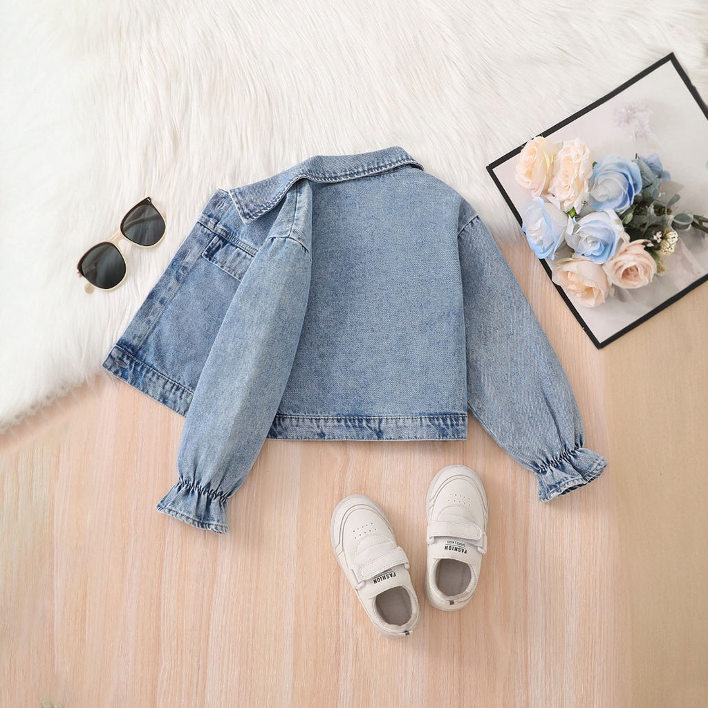Girls Blue Solid Denim Long Sleeves Winter Jacket Coats & Jackets