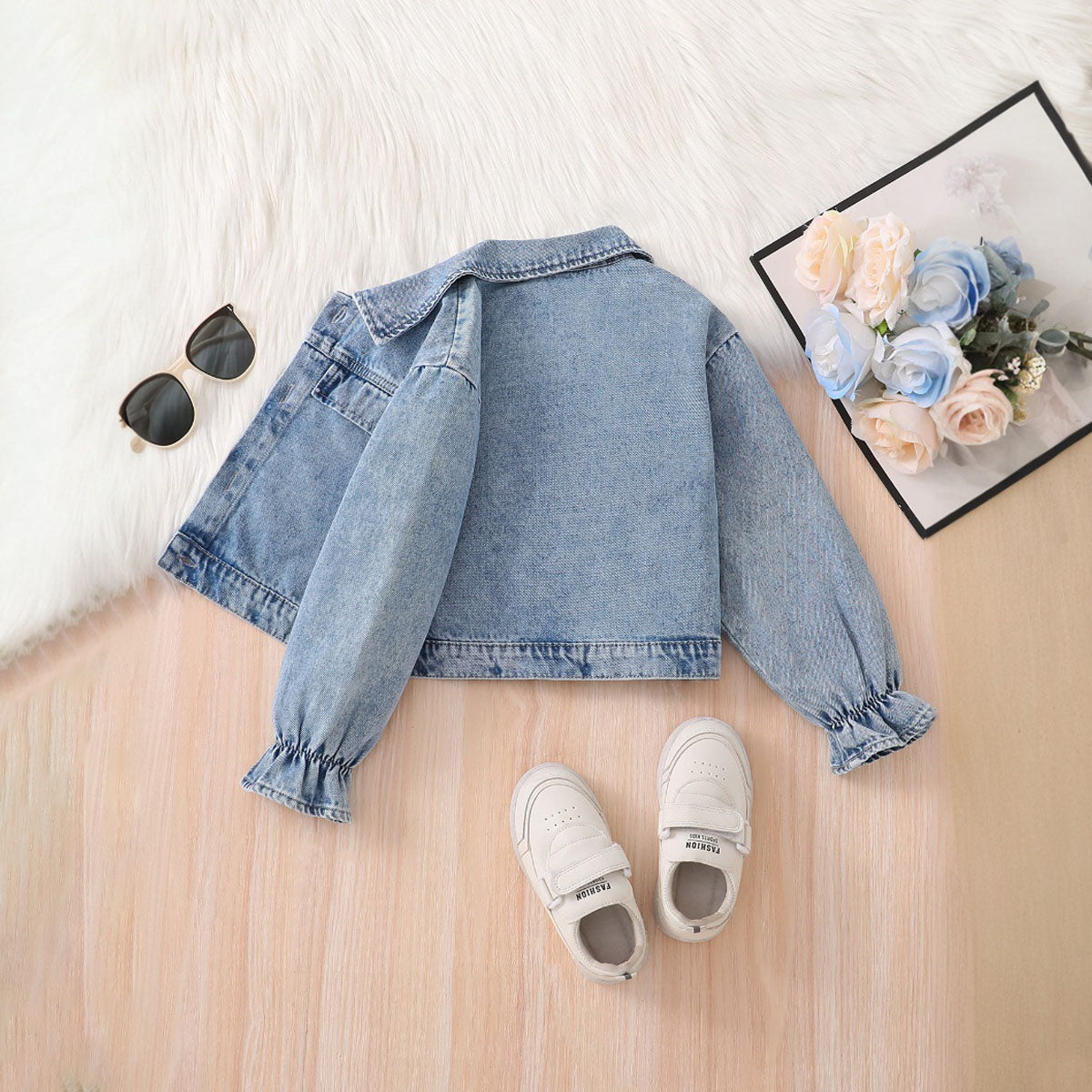 Girls Blue Solid Denim Long Sleeves Winter Jacket Coats & Jackets