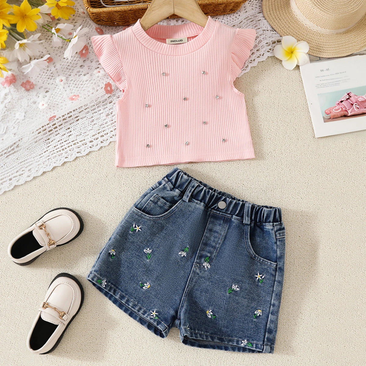 Girls Pink Embellished Top With Floral Embroidered Denim Shorts Set Sets Pink 2-3 Y