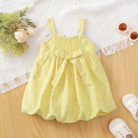 Girls Yellow Polka Dot Print Sleeveless Balloon Dress Casual Dresses
