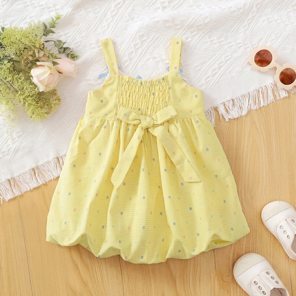 Girls Yellow Polka Dot Print Sleeveless Balloon Dress Casual Dresses