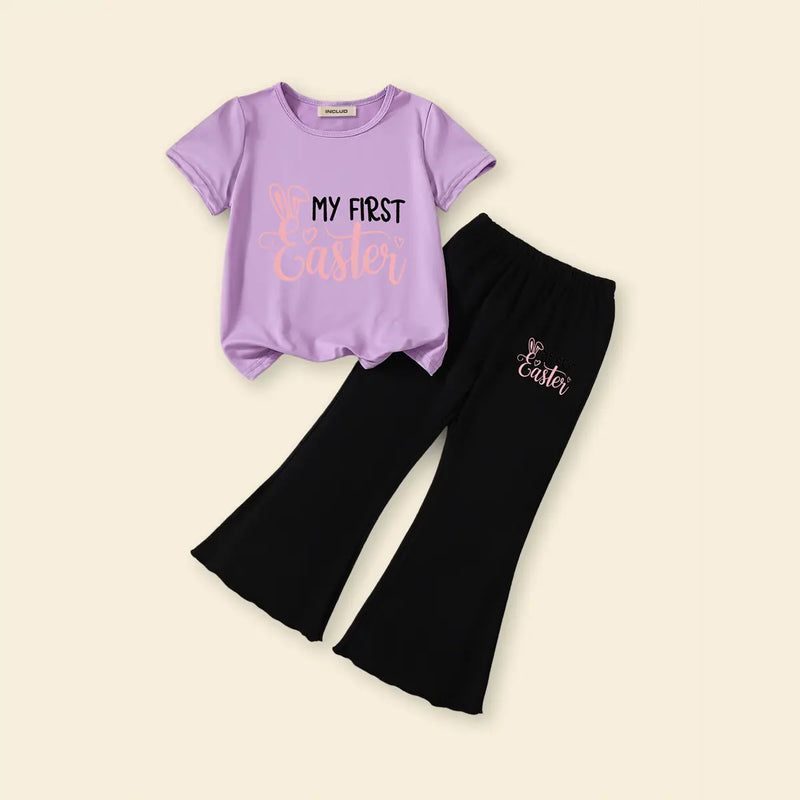 Girls Purple My First Easter Printed T-Shirt With Flared Pants Sets Sets