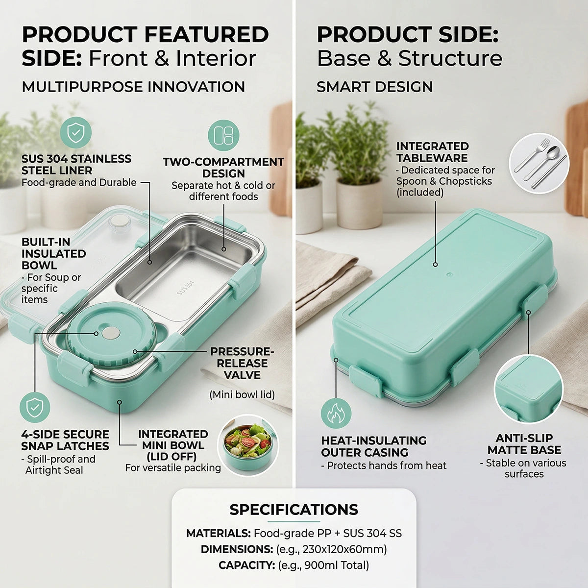 Kids Mint Green Leak-Resistant School Lunch Box Trending Accessories