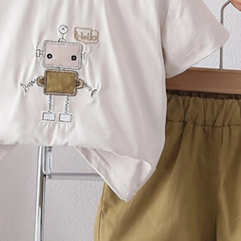 Boys Khaki Robot Embroidered T-Shirt With Shorts Sets Sets