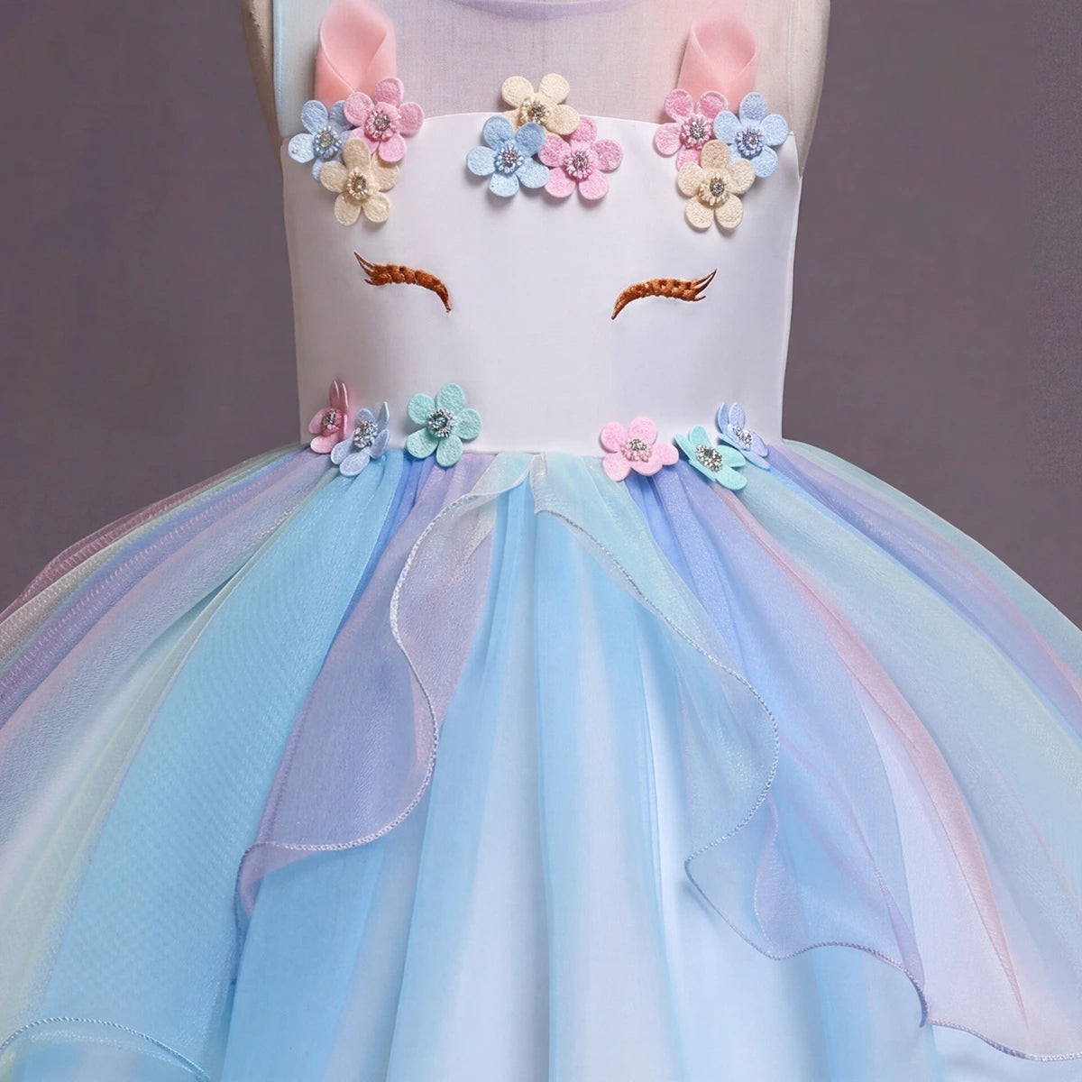 Girls Light Blue Floral Applique Sleeveless Fit & Flare Party Wear Dress Party Dresses