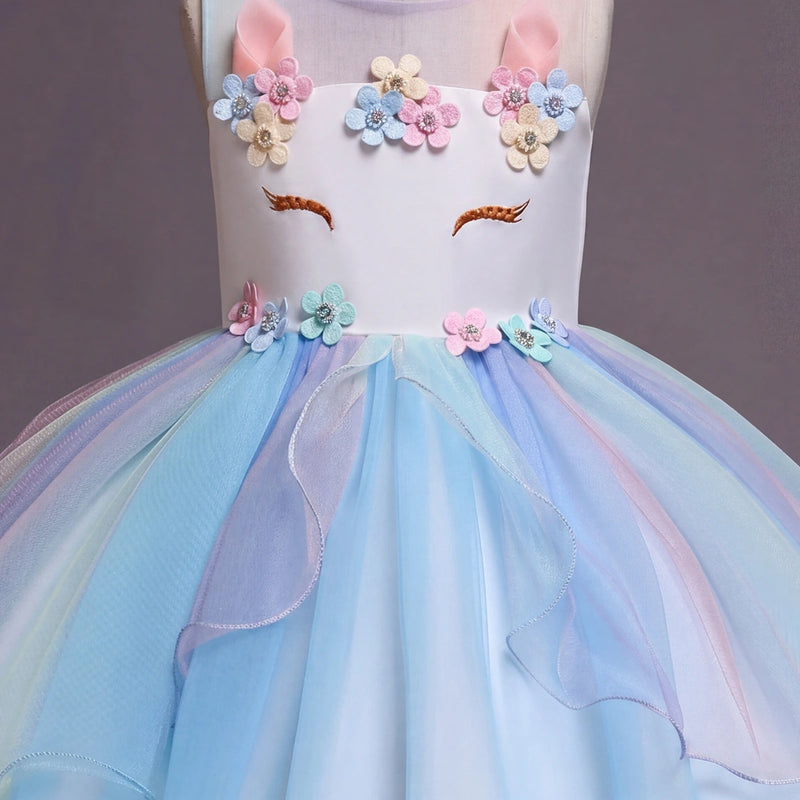 Girls Light Blue Floral Applique Sleeveless Fit & Flare Party Wear Dress Party Dresses