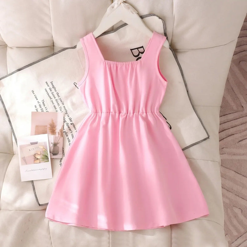 Girls Pink Bow Applique Sleeveless A-line Dress Casual Dresses