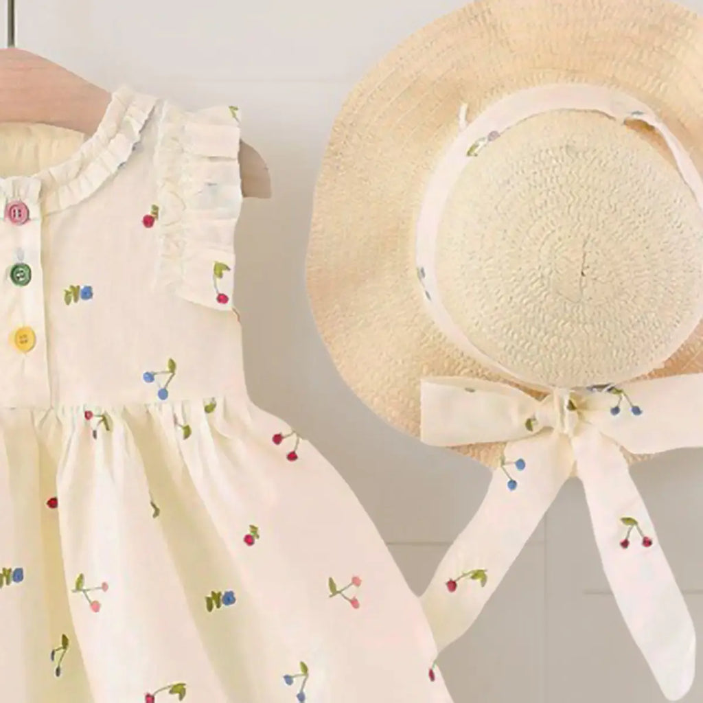 Girls Cream Cherry Printed Sleeveless Fit & Flare Dress Casual Dresses